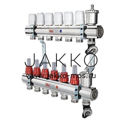 Коллекторный блок VALTEC латун. с термостат. клапанами и расходомерами 1 1/4", 6 x 3/4", "евроконус"