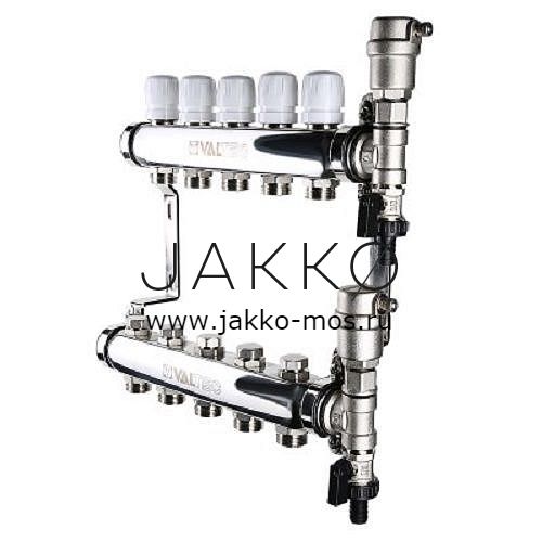 Коллекторный блок VALTEC из нерж. стали с регулир. и балансир.. клапанами 1", 10 x 3/4", "евроконус"